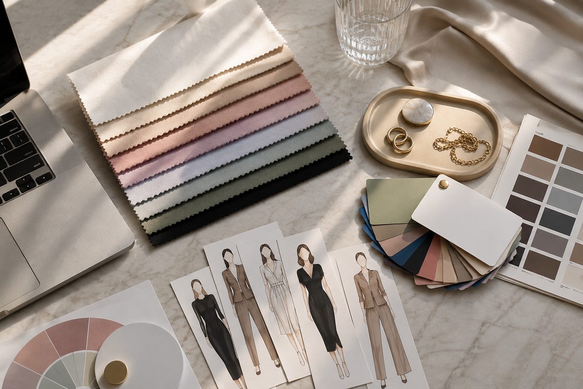 A styled outfit laid out with care — colour and proportion considered